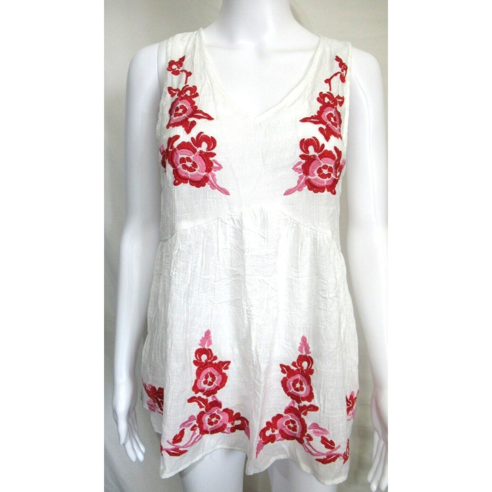 Vici Semi Sheer Small White Sleeveless Embroidered Babydoll Top‎ Boho Festival
